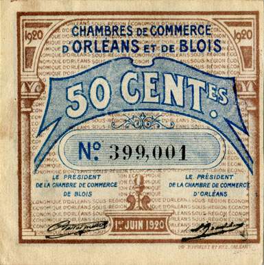 Billet des Chambres de Commerce d'Orl�ans et de Blois - 50 centimes - 1er juin 1920