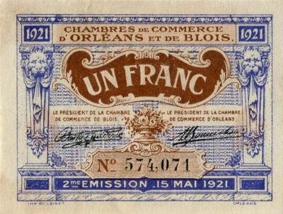 Billet des Chambres de Commerce d'Orl�ans et de Blois - 1 franc - 15 mai 1921 - 2�me �mission - n� 574,071