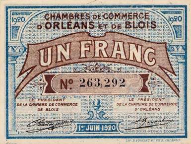 Billet des Chambres de Commerce d'Orl�ans et de Blois - 1 franc - 1er juin 1920