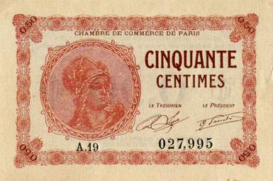 Billet de la Chambre de Commerce de Paris - 50 centimes - d�lib�ration du 10 mars 1920 - type 1 avec t�te de femme casqu�e - s�rie A.19 - n� 027,995