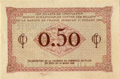 Billet de la Chambre de Commerce de Paris - 50 centimes - d�lib�ration du 10 mars 1920 - type 1 avec t�te de femme casqu�e - s�rie A.19 - n� 027,995