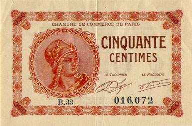 Billet de la Chambre de Commerce de Paris - 50 centimes - d�lib�ration du 10 mars 1920 - type 1 avec t�te de femme casqu�e - s�rie B.33 - n� 016,072