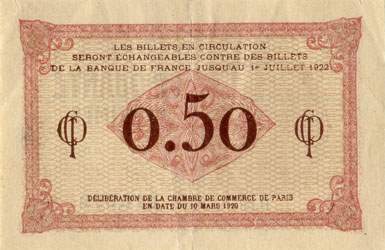 Billet de la Chambre de Commerce de Paris - 50 centimes - d�lib�ration du 10 mars 1920 - type 1 avec t�te de femme casqu�e - s�rie B.33 - n� 016,072