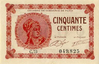 Billet de la Chambre de Commerce de Paris - 50 centimes - d�lib�ration du 10 mars 1920 - type 1 avec t�te de femme casqu�e - s�rie C.73 - n� 049,825