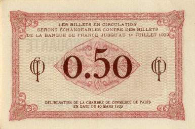 Billet de la Chambre de Commerce de Paris - 50 centimes - d�lib�ration du 10 mars 1920 - type 1 avec t�te de femme casqu�e - s�rie D.27 - n� 070,567