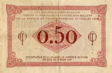 Billet de la Chambre de Commerce de Paris - 50 centimes - d�lib�ration du 10 mars 1920 - type 1 avec t�te de femme casqu�e - s�rie F.80 - n� 096,561