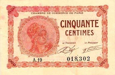 Billet de la Chambre de Commerce de Paris - 50 centimes - d�lib�ration du 10 mars 1920 - type 1 avec t�te de femme casqu�e - s�rie A.19 - n� 018,302