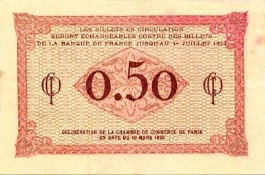 Billet de la Chambre de Commerce de Paris - 50 centimes - d�lib�ration du 10 mars 1920 - type 1 avec t�te de femme casqu�e - s�rie A.19 - n� 018,302
