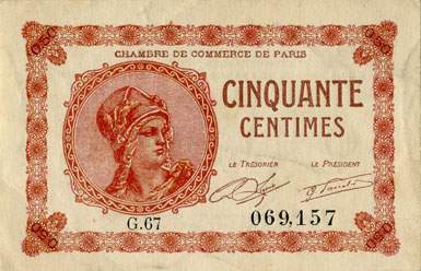 Billet de la Chambre de Commerce de Paris - 50 centimes - d�lib�ration du 10 mars 1920 - type 1 avec t�te de femme casqu�e - s�rie G.67 - n� 069,157