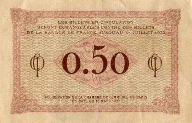 Billet de la Chambre de Commerce de Paris - 50 centimes - d�lib�ration du 10 mars 1920 - type 1 avec t�te de femme casqu�e - s�rie H.42 - n� 055,507