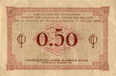 Billet de la Chambre de Commerce de Paris - 50 centimes - d�lib�ration du 10 mars 1920 - type 1 avec t�te de femme casqu�e - s�rie J.1 - n� 025,586