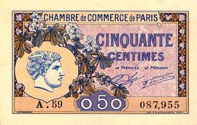 Billet de la Chambre de Commerce de Paris - 50 centimes - d�lib�ration du 10 mars 1920 - type 2 avec t�te de Mercure - s�rie A.23 - n�041553