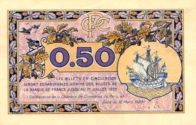 Billet de la Chambre de Commerce de Paris - 50 centimes - d�lib�ration du 10 mars 1920 - type 2 avec t�te de Mercure