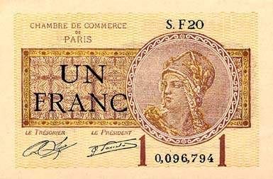 Billet de la Chambre de Commerce de Paris - 1 franc - d�lib�ration du 10 mars 1920 - type 1 avec t�te de femme casqu�e