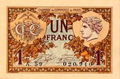 Billet de la Chambre de Commerce de Paris - 1 franc - d�lib�ration du 10 mars 1920 - type 2 avec t�te de Mercure