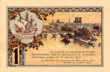 Billet de la Chambre de Commerce de Paris - 1 franc - d�lib�ration du 10 mars 1920 - type 2 avec t�te de Mercure