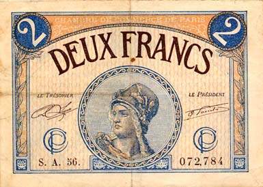 Billet de la Chambre de Commerce de Paris - 2 francs - d�lib�ration du 10 mars 1920 - type 1 avec t�te de femme casqu�e