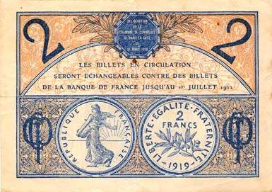 Billet de la Chambre de Commerce de Paris - 2 francs - d�lib�ration du 10 mars 1920 - type 1 avec t�te de femme casqu�e