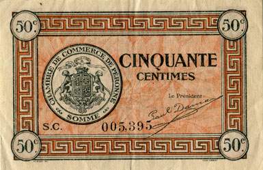 Billet de la Chambre de Commerce de P�ronne - 50 centimes - d�lib�ration du 27 juillet 1920 - s�rie&nbsp;C - n�&nbsp;005,395