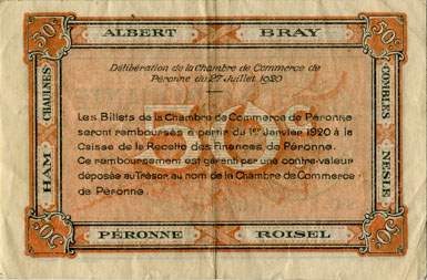 Billet de la Chambre de Commerce de P�ronne - 50 centimes - d�lib�ration du 27 juillet 1920 - s�rie&nbsp;C - n�&nbsp;005,395