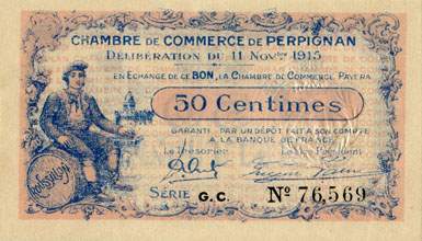 Billet de la Chambre de Commerce de Perpignan - 50 centimes - d�lib�ration du 11 novembre 1915 - s�rie G.C.
