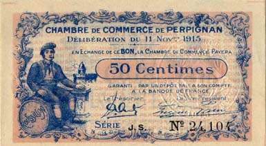 Billet de la Chambre de Commerce de Perpignan - 50 centimes - d�lib�ration du 11 novembre 1915 - s�rie J.S.