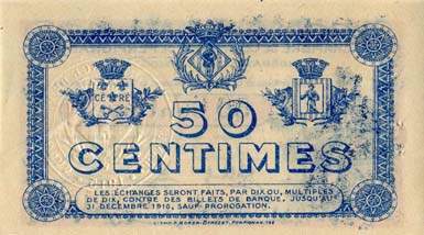 Billet de la Chambre de Commerce de Perpignan - 50 centimes - d�lib�ration du 11 novembre 1915 - s�rie J.S.