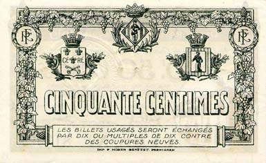 Billet de la Chambre de Commerce de Perpignan - 50 centimes - d�lib�ration du 17 f�vrier 1919