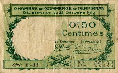 Billet de la Chambre de Commerce de Perpignan - 50 centimes - d�lib�ration du 22 octobre 1919 - s�rie E-11