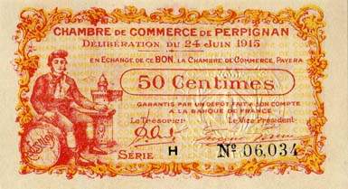 Billet de la Chambre de Commerce de Perpignan - 50 centimes - d�lib�ration du 24 juin 1915 - s�rie H