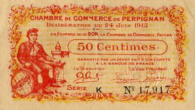 Billet de la Chambre de Commerce de Perpignan - 50 centimes - d�lib�ration du 24 juin 1915 - s�rie K