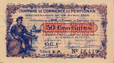 Billet de la Chambre de Commerce de Perpignan - 50 centimes - d�lib�ration du 28 avril 1916