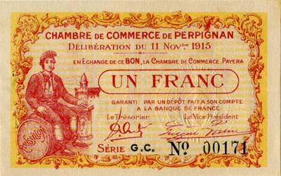 Billet de la Chambre de Commerce de Perpignan - 1 franc - d�lib�ration du 11 novembre 1915 - s�rie G.C. - n� 00171