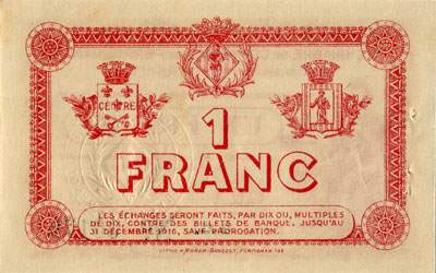 Billet de la Chambre de Commerce de Perpignan - 1 franc - d�lib�ration du 11 novembre 1915 - s�rie G.C. - n� 00171