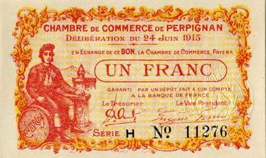 Billet de la Chambre de Commerce de Perpignan - 1 franc - d�lib�ration du 24 juin 1915 - s�rie H