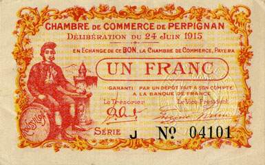 Billet de la Chambre de Commerce de Perpignan - 1 franc - d�lib�ration du 24 juin 1915 - s�rie J