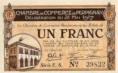 Billet de la Chambre de Commerce de Perpignan - 1 franc - d�lib�ration du 31 mai 1917 - s�rie E.S.