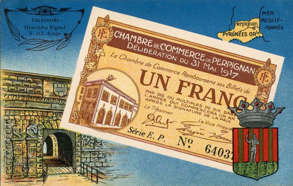 Carte postale repr�sentant un billet de 1 franc - d�lib�ration du 31 mai 1917 - s�rie E.P. - n� 64037. - de la Chambre de Commerce de Perpignan
