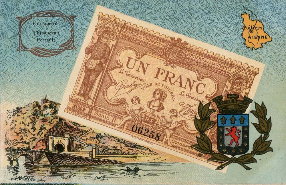 Carte postale repr�sentant un billet de 1 franc 1914 - s�rie H - n� 06258 - de la Chambre de Commerce de Poitiers et de la Vienne