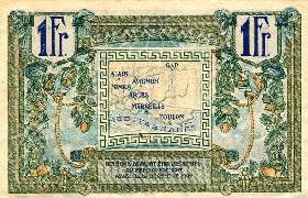 Billet des Chambres de Commerce d'Alais, Arles, Avignon, Gap, Marseille, N�mes, Toulon (R�gion Proven�ale) - 1 franc - imprimerie Marseillaise - 'RP' en bleu