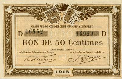 Billet des Chambres de Commerce de Quimper & de Brest - 50 centimes 1918 - sans filigrane - n� 16952