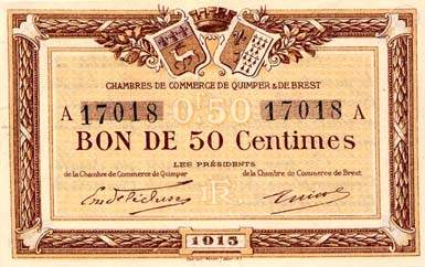 Billet des Chambres de Commerce de Quimper & de Brest - 50 centimes 1915 - lettre A