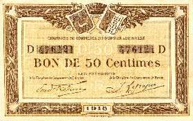 Billet des Chambres de Commerce de Quimper & de Brest - 50 centimes 1918 - filigrane Abeilles