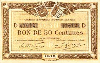 Billet des Chambres de Commerce de Quimper & de Brest - 50 centimes 1918 - filigrane Abeilles - n� 476121