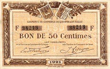 Billet des Chambres de Commerce de Quimper & de Brest - 50 centimes 1921 - filigrane Abeilles