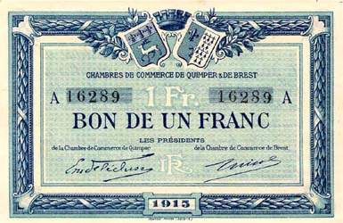 Billet des Chambres de Commerce de Quimper & de Brest - 1 franc 1915 - lettre A