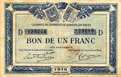Billet des Chambres de Commerce de Quimper & de Brest - 1 franc 1918 - filigrane Abeilles