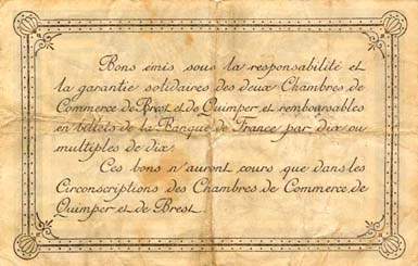 Billet des Chambres de Commerce de Quimper & de Brest - 1 franc 1918 - filigrane Abeilles