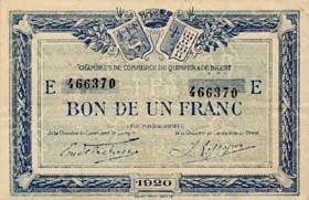 Billet des Chambres de Commerce de Quimper & de Brest - 1 franc 1920 - lettre E