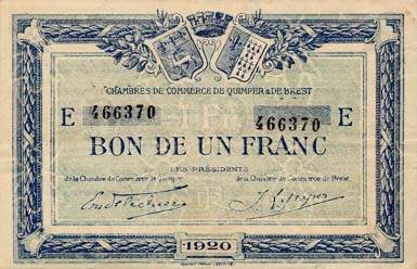 Billet des Chambres de Commerce de Quimper & de Brest - 1 franc 1920 - lettre E